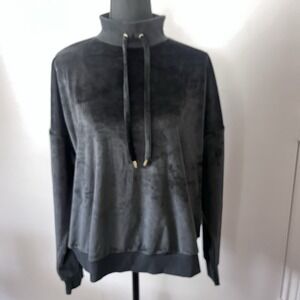 Michael Kors Velour Pullover M Black‎ Mock Neck Sweatshirt w/ Drawstrings Luxe